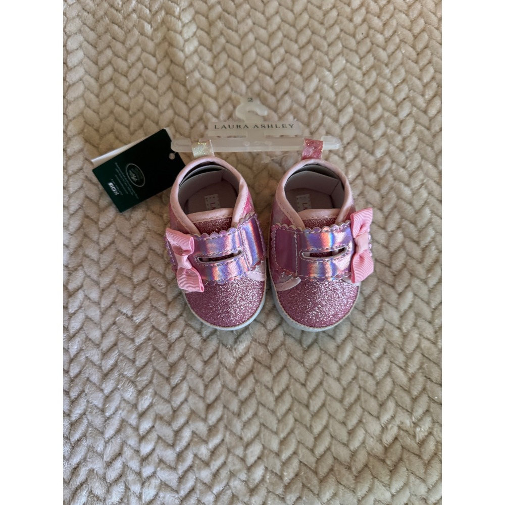 Laura Ashley Girls Infant Pink Multi Glitter Bow Crib Shoes Size 2 A91063H NEW